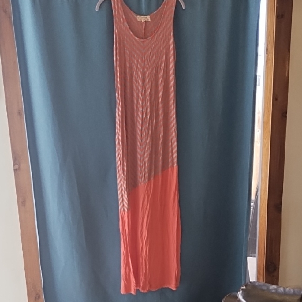 Pink Rose Coral and Grey Striped Maxi Dress